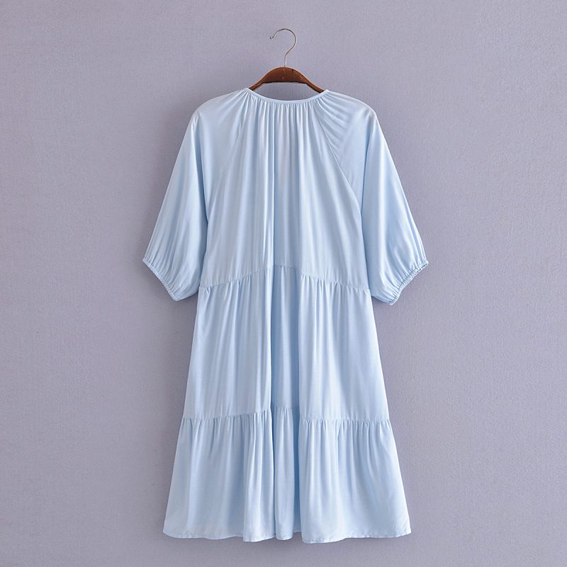 Women Clothing Collared Wide Hem Short Dress Tassel Loose Medium Dress - Image 3