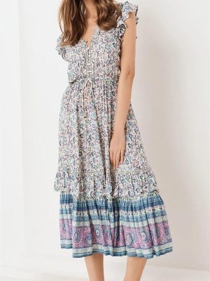 Retro Vacation Dress Printed Swing Maxi Dress Super Fairy Lace up Waist V neck Floral Dress