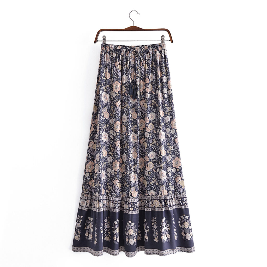 Spring Summer Rayon Positioning Floral Tassel Elastic Waist Skirt - Image 2