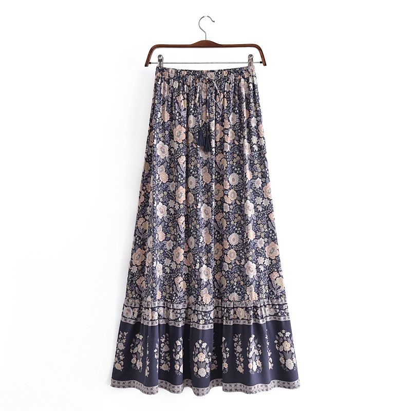 Spring Summer Rayon Positioning Floral Tassel Elastic Waist Skirt - Image 2