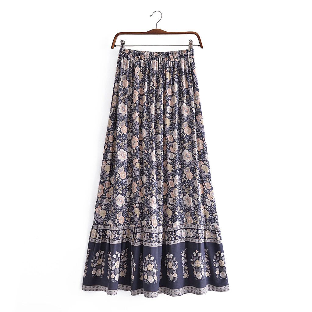 Spring Summer Rayon Positioning Floral Tassel Elastic Waist Skirt - Image 3
