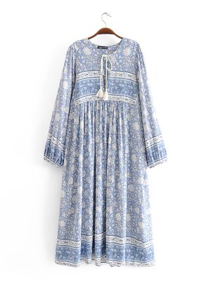 Spring Summer Rayon Long Positioning Printing Blue White Porcelain Dress Women Printed Dress