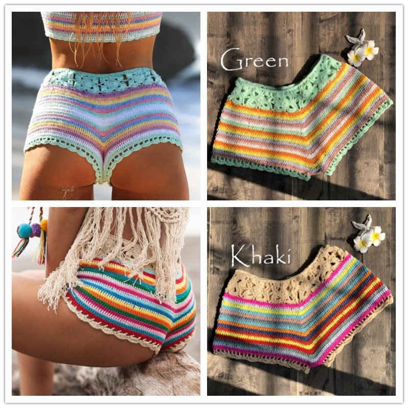 Split Swimsuit  Women  Clothing Color Striped Hand Crocheting Bikini Shorts Knitted Sexy Swimsuit - Image 4