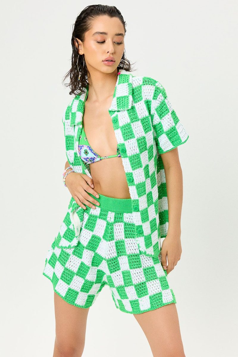 Summer Beach Chess Short Sleeved Knitted Two Piece Set Shirt Knitted Shorts - Image 8
