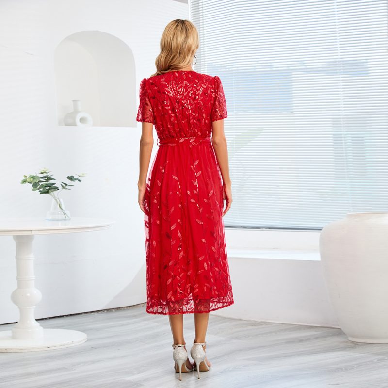 Women Embroidered Bright Yarn Mesh Dress Fashionable Slim Fit V neck Mid Length Dress - Image 8