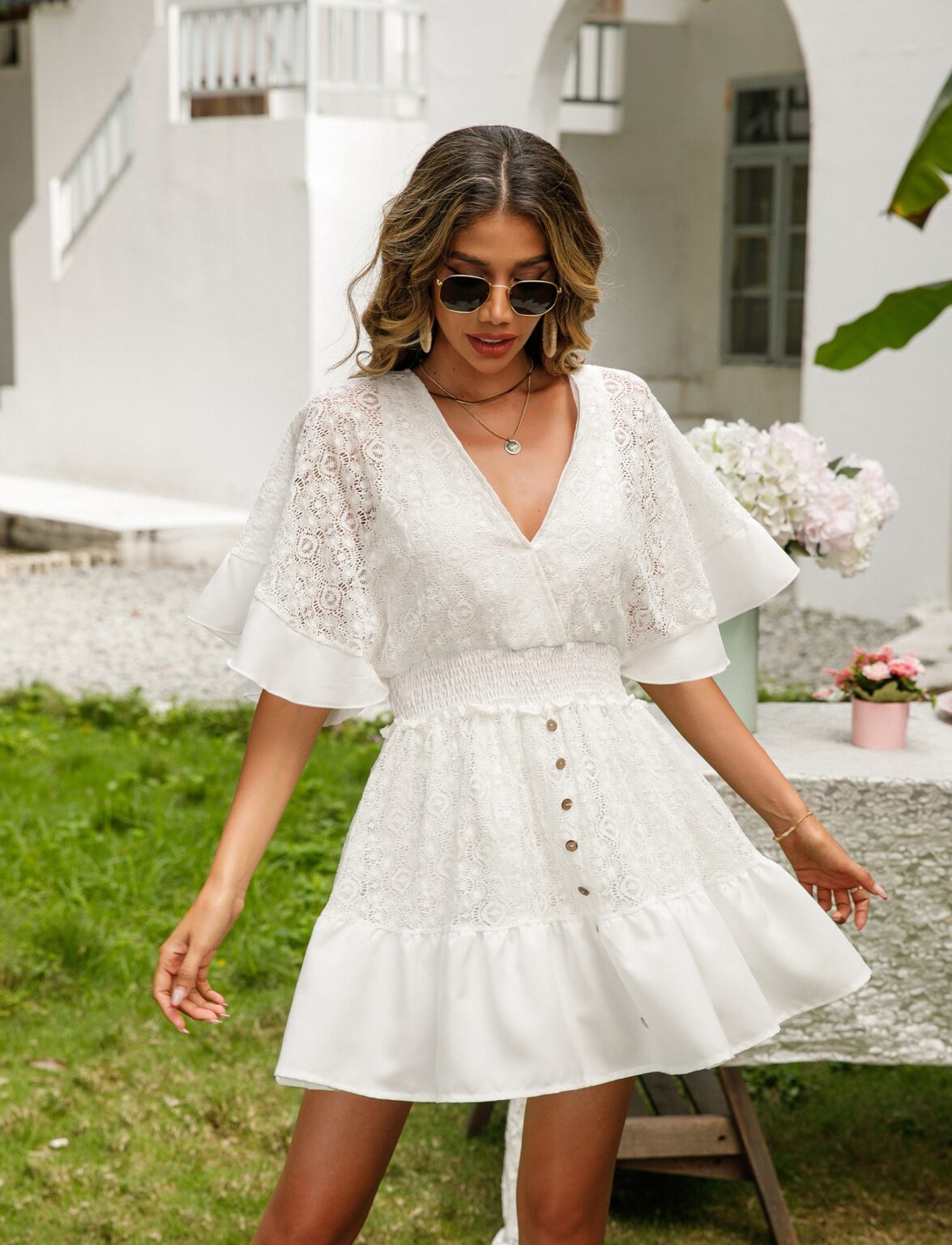 Women  Spring Summer New Bohemian Vacation Lace Mosaic Bat Sleeve Dress - Image 2