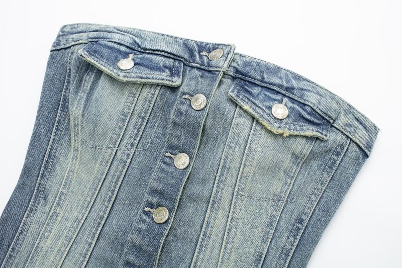Early Autumn Women's Clothing Denim Corset Single Breasted Cropped Small Top - Image 4