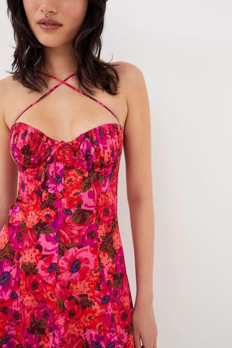Sexy Women Wear Elegant Dress Floral Criss Cross Print Leg Exposed Hip Spaghetti Straps - Image 3