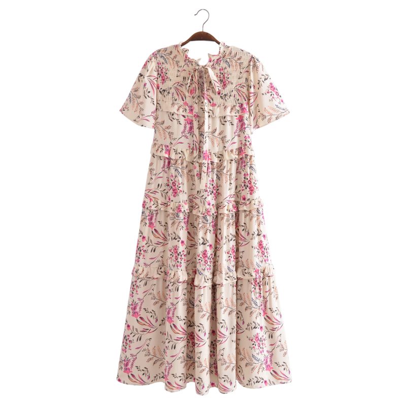 New Women Printed Cake Layer Back Lace Up Dress Women Summer - Image 2