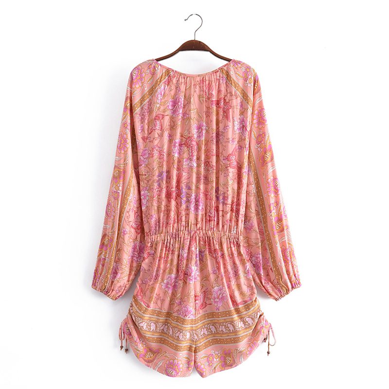 Summer Positioning Printing Vacation Elastic Waist Drawstring Pleated Jumpsuit Women - Image 3