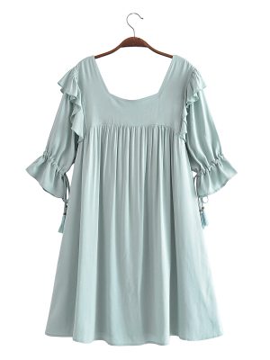 Spring Summer Washed Square Collar Casual Dress Fringed Pleated One Line Collar Medium Dress