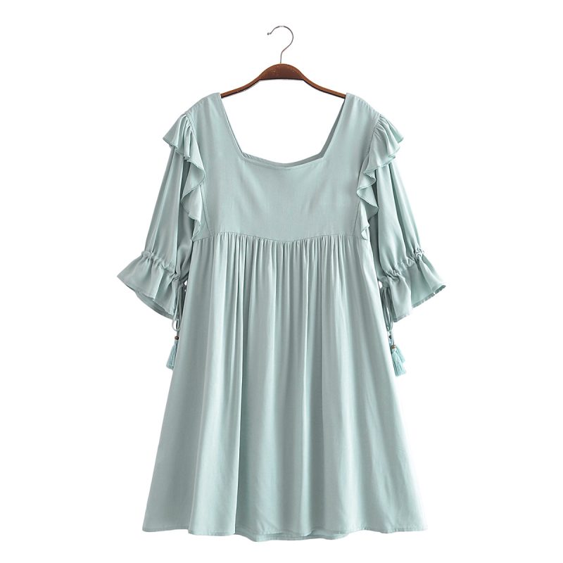 Spring Summer Washed Square Collar Casual Dress Fringed Pleated One Line Collar Medium Dress - Image 2