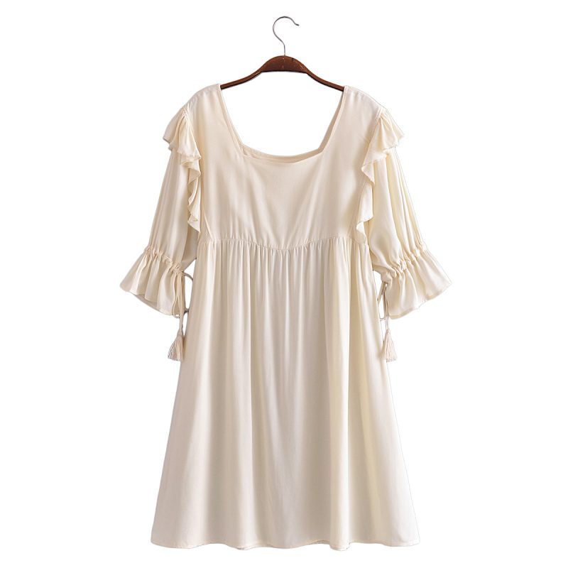 Spring Summer Washed Square Collar Casual Dress Fringed Pleated One Line Collar Medium Dress - Image 3
