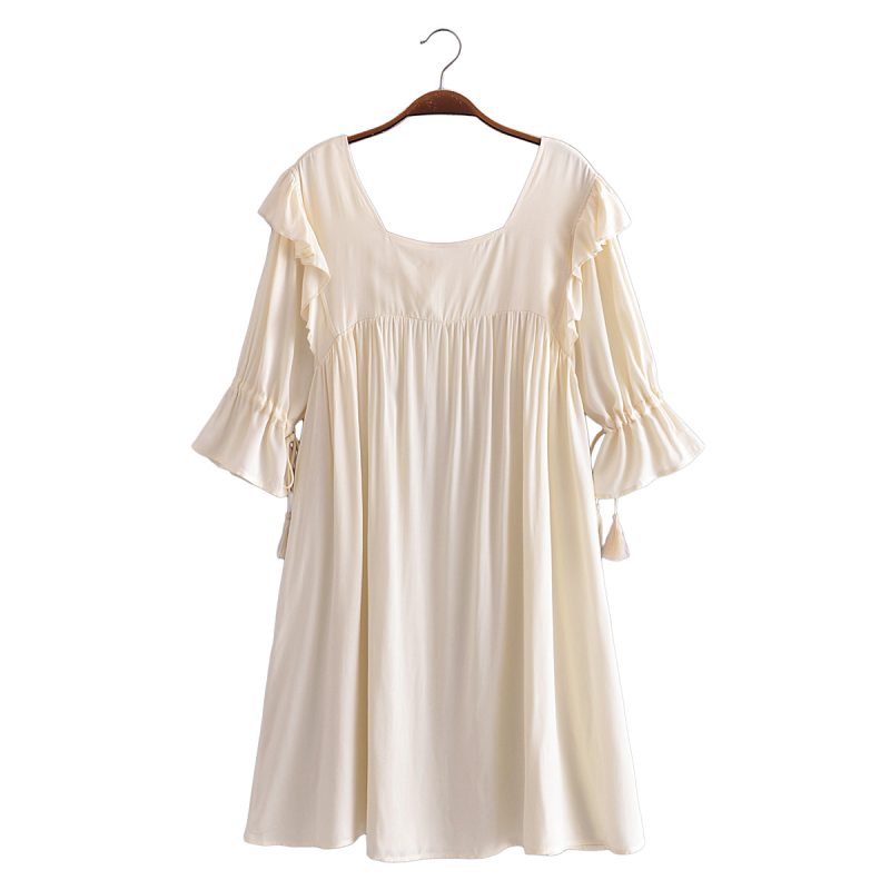 Spring Summer Washed Square Collar Casual Dress Fringed Pleated One Line Collar Medium Dress - Image 4