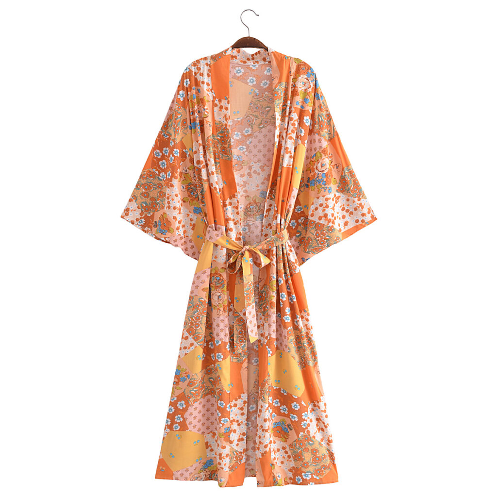 Spring Women Print Loose Lace up Kimono Robe - Image 2