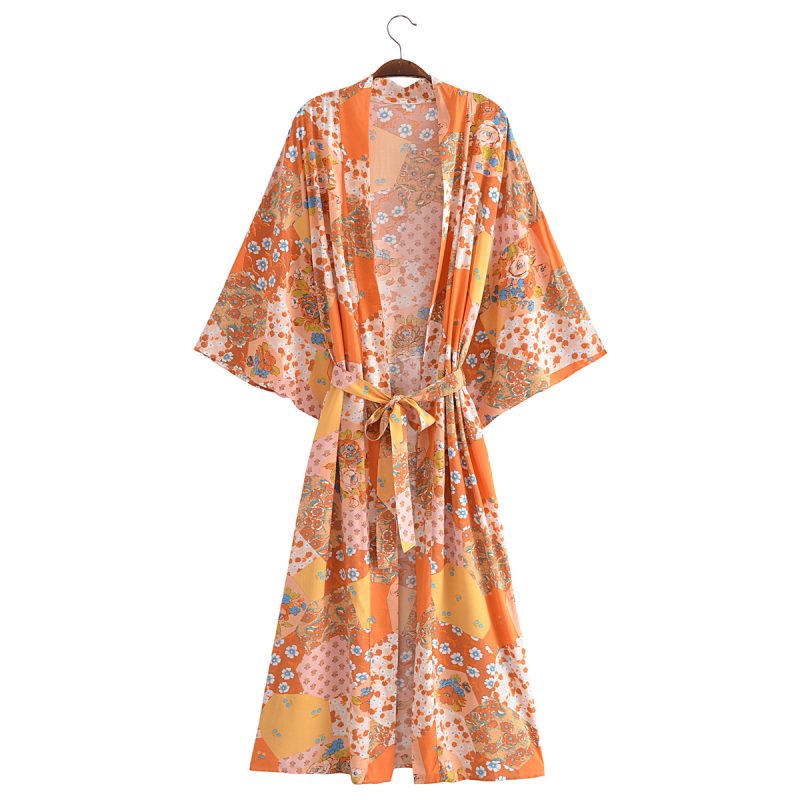 Spring Women Print Loose Lace up Kimono Robe - Image 2