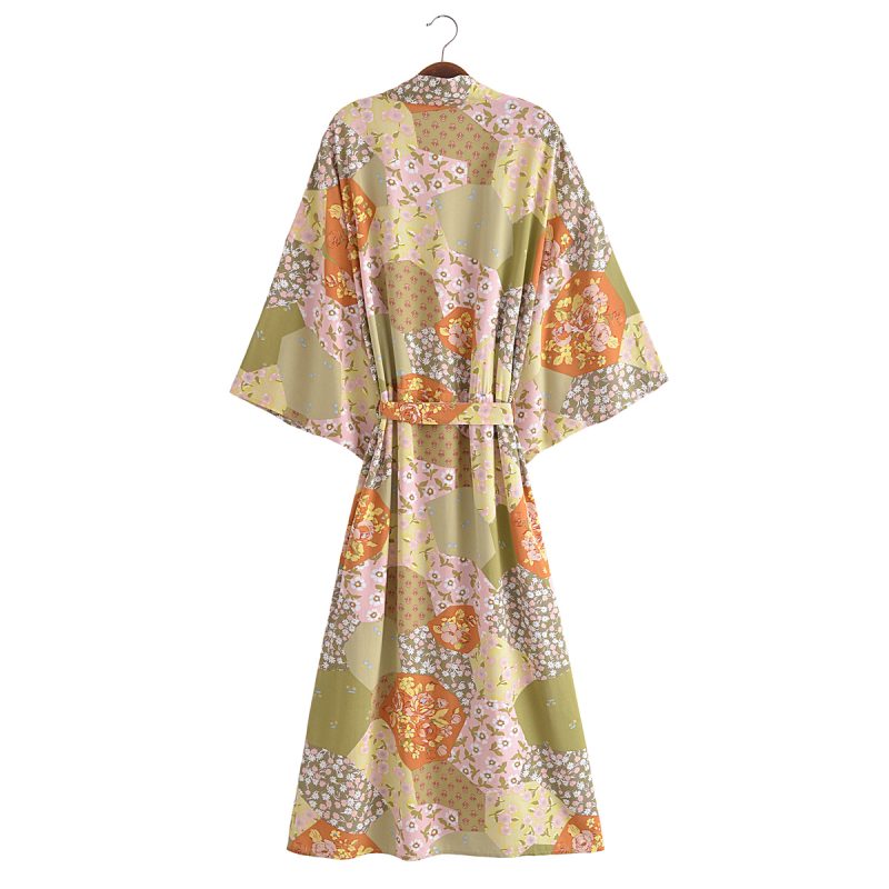 Spring Women Print Loose Lace up Kimono Robe - Image 5