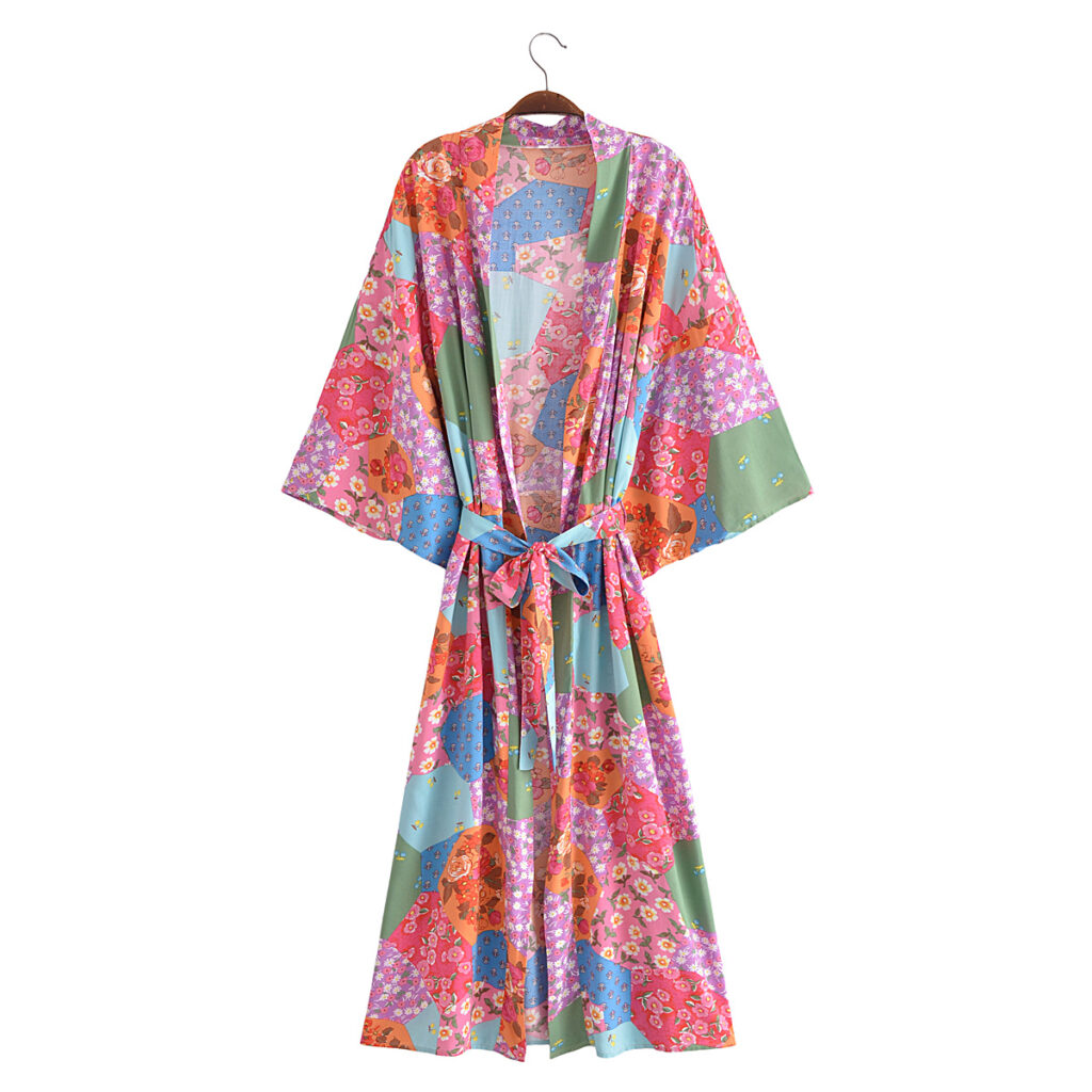 Spring Women Print Loose Lace up Kimono Robe - Image 6
