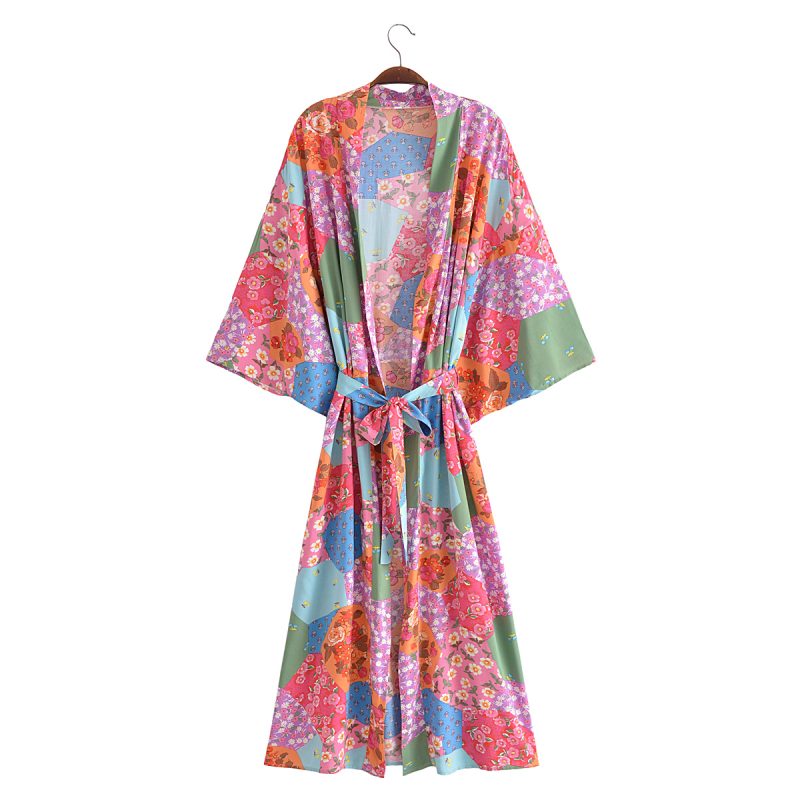 Spring Women Print Loose Lace up Kimono Robe - Image 6
