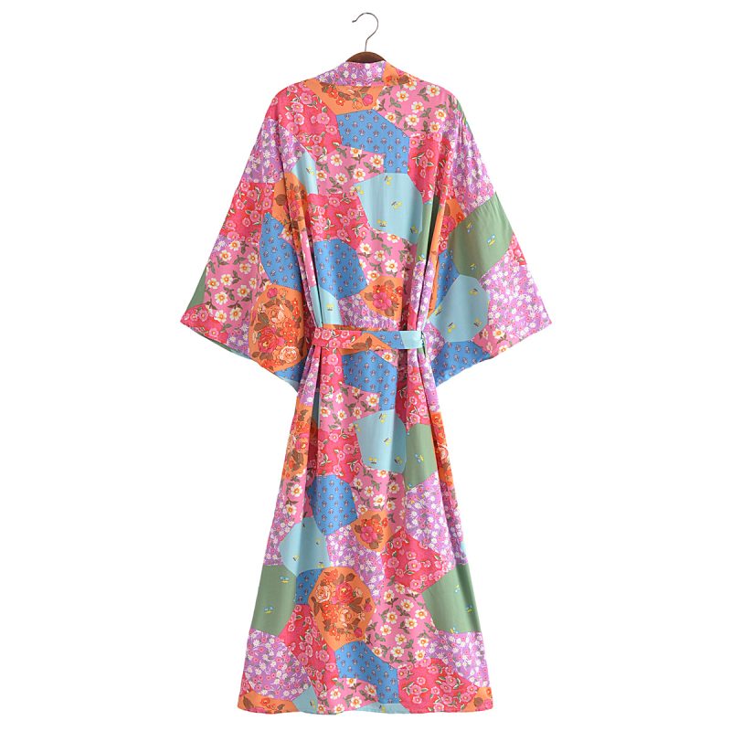 Spring Women Print Loose Lace up Kimono Robe - Image 7