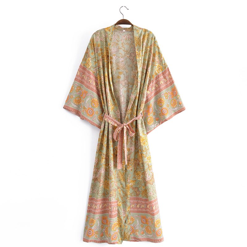 Spring Women Rayon Positioning Floral Belt Long Kimono Cardigan - Image 2
