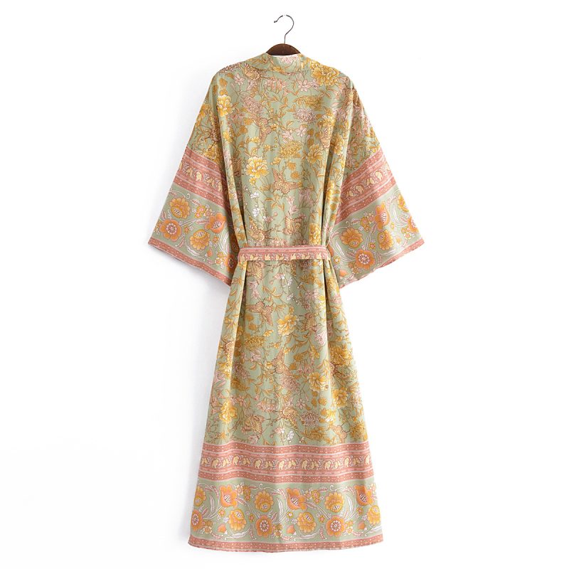 Spring Women Rayon Positioning Floral Belt Long Kimono Cardigan - Image 3