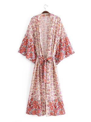 Autumn Positioning Floral Kimono Cardigan Bohemian Vacation Beach Dress Blouse