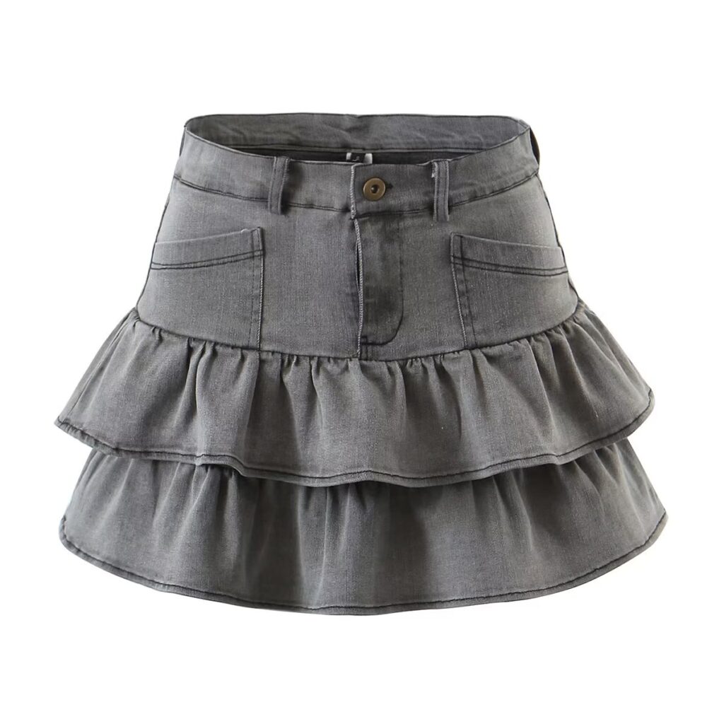 Summer Sexy High Waist Denim Skirt Retro Design Wooden Ear Puffy Cake A line Miniskirt - Image 2