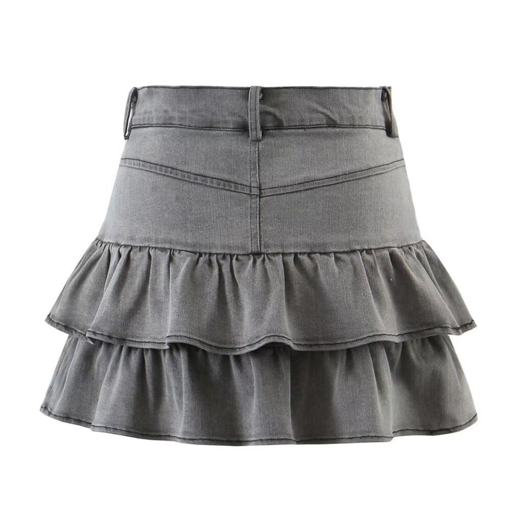 Summer Sexy High Waist Denim Skirt Retro Design Wooden Ear Puffy Cake A line Miniskirt - Image 3