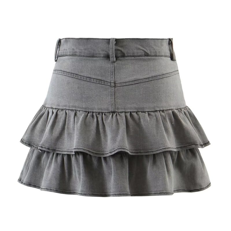Summer Sexy High Waist Denim Skirt Retro Design Wooden Ear Puffy Cake A line Miniskirt - Image 3