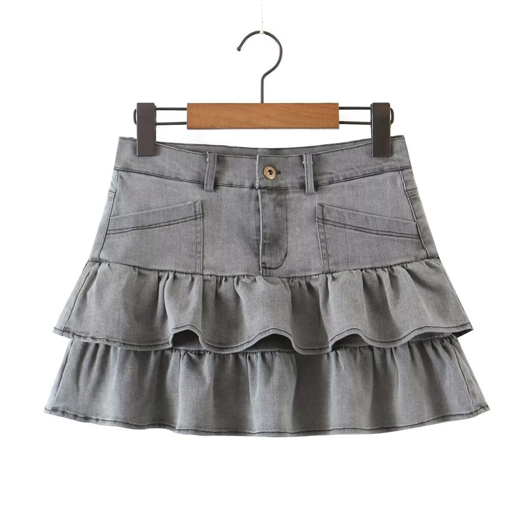 Summer Sexy High Waist Denim Skirt Retro Design Wooden Ear Puffy Cake A line Miniskirt - Image 4