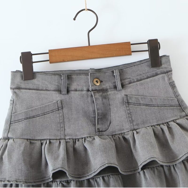 Summer Sexy High Waist Denim Skirt Retro Design Wooden Ear Puffy Cake A line Miniskirt - Image 5