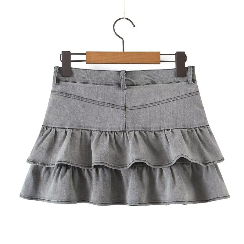 Summer Sexy High Waist Denim Skirt Retro Design Wooden Ear Puffy Cake A line Miniskirt - Image 10