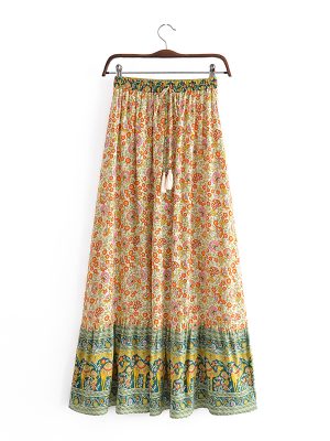 Bohemian Vacation Rayon Positioning Printing Tassel Tied Elastic Waist Big Hem Skirt Beach Dress