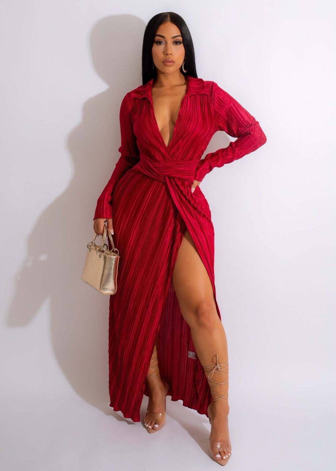 Sexy Slit Dress Autumn Winter V neck Long Sleeve Pleated Dress - Image 3