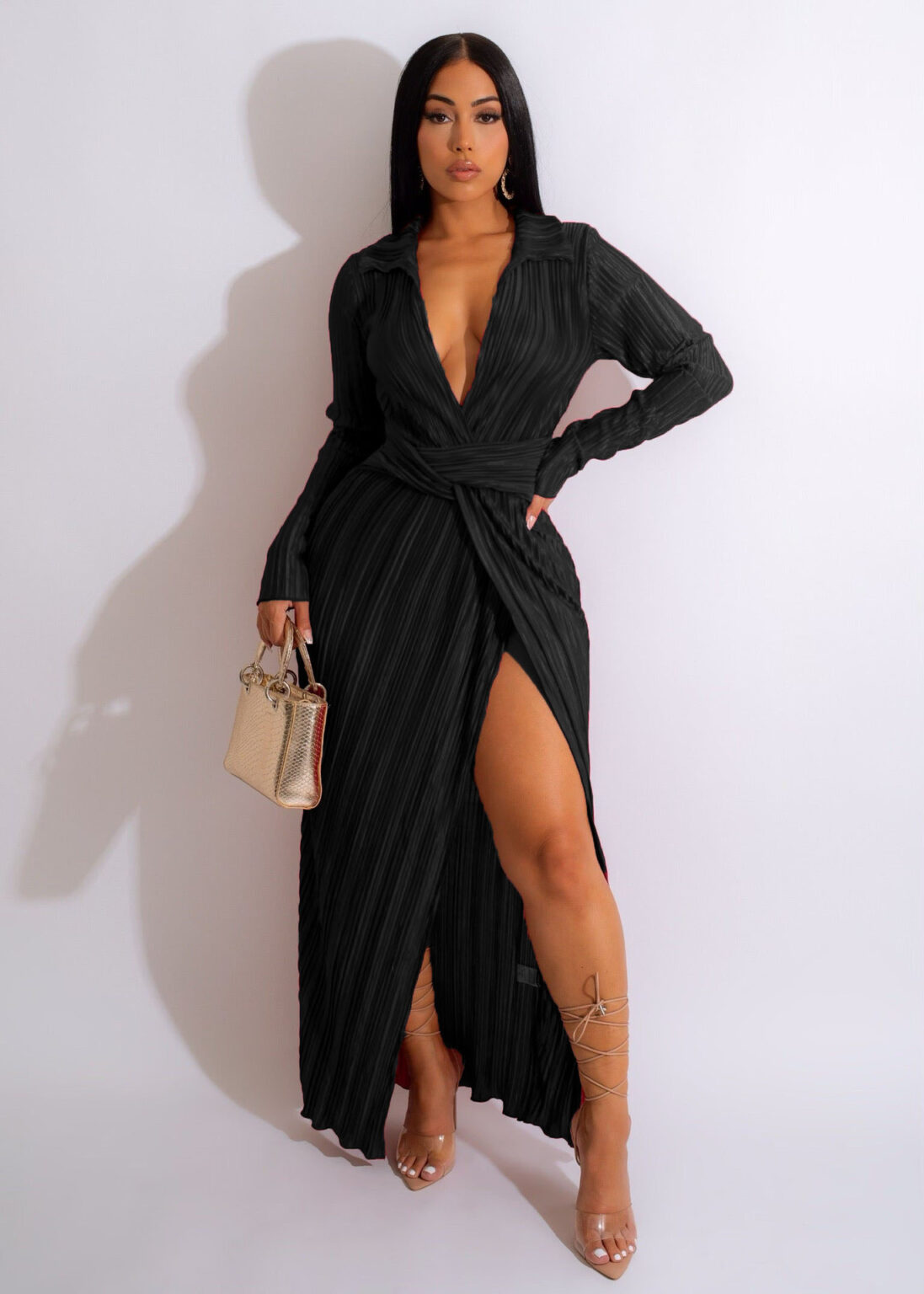 Sexy Slit Dress Autumn Winter V neck Long Sleeve Pleated Dress - Image 4