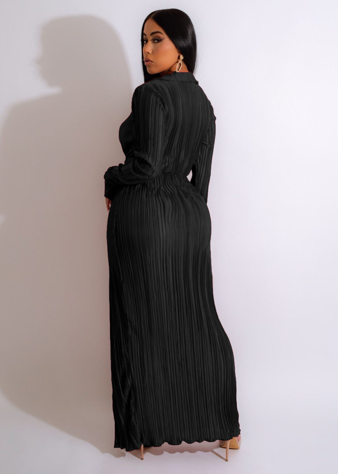 Sexy Slit Dress Autumn Winter V neck Long Sleeve Pleated Dress - Image 6