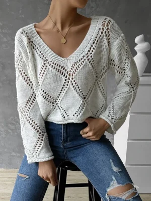 Women  Spring and Summer V neck Hollow Long sleeve Sweater