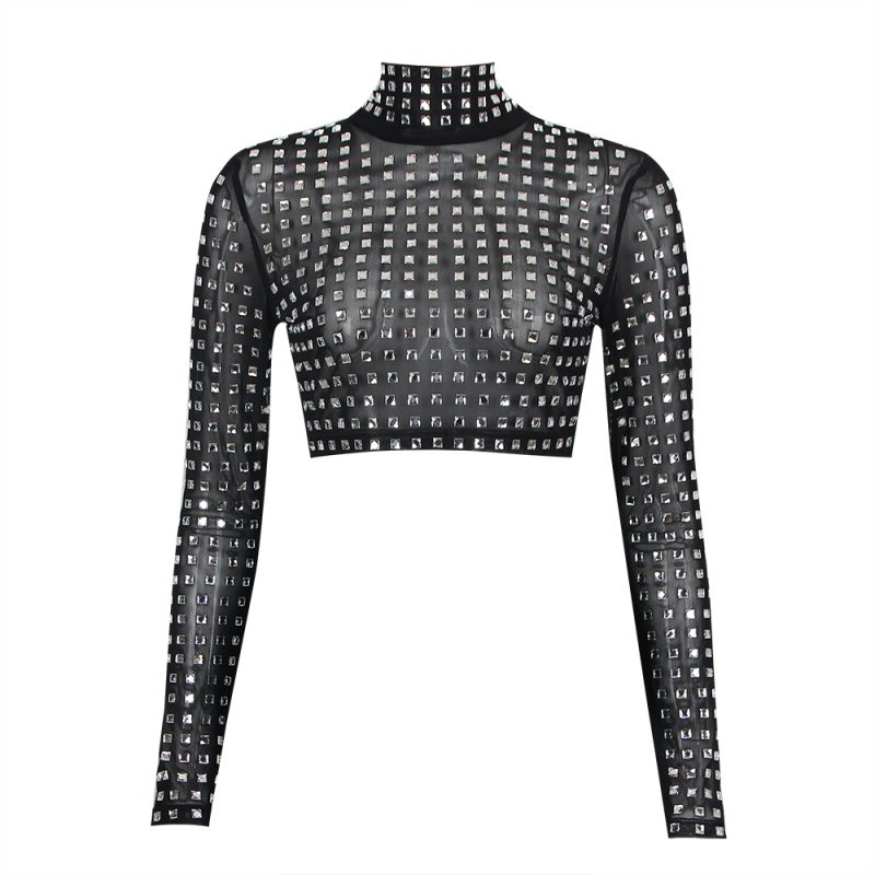 Spring Summer Sexy Show Belly Party Gathering Mesh Diamond Top Long Sleeve Broken Top Women - Image 3