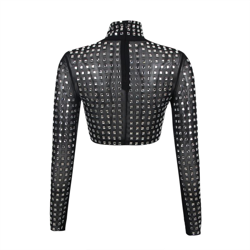 Spring Summer Sexy Show Belly Party Gathering Mesh Diamond Top Long Sleeve Broken Top Women - Image 4