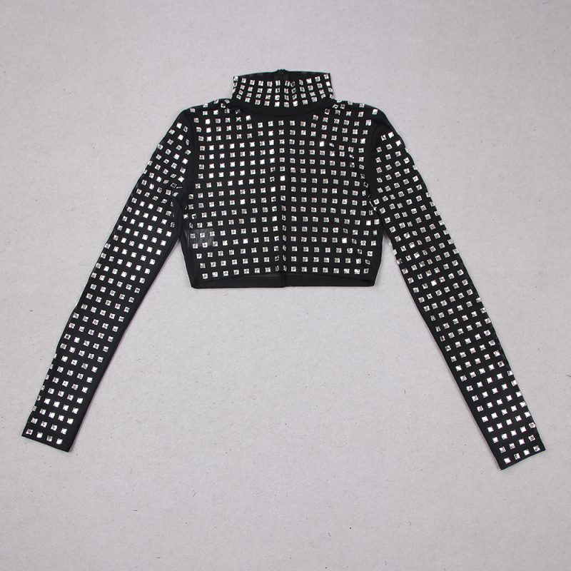 Spring Summer Sexy Show Belly Party Gathering Mesh Diamond Top Long Sleeve Broken Top Women - Image 5