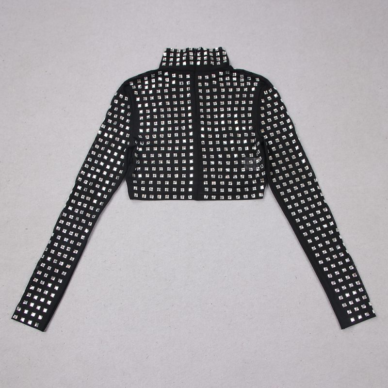 Spring Summer Sexy Show Belly Party Gathering Mesh Diamond Top Long Sleeve Broken Top Women - Image 6