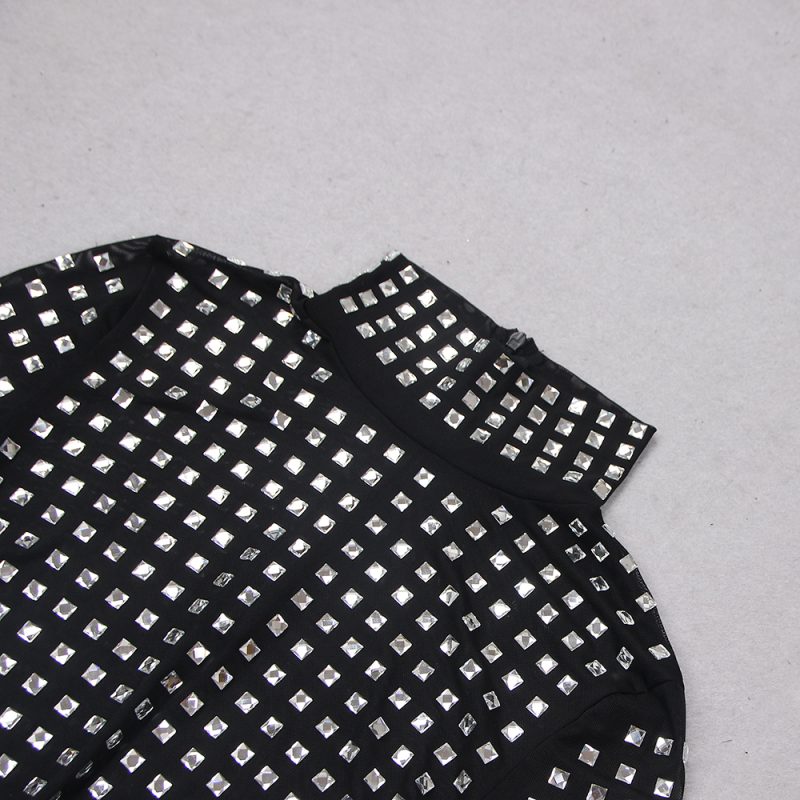 Spring Summer Sexy Show Belly Party Gathering Mesh Diamond Top Long Sleeve Broken Top Women - Image 7