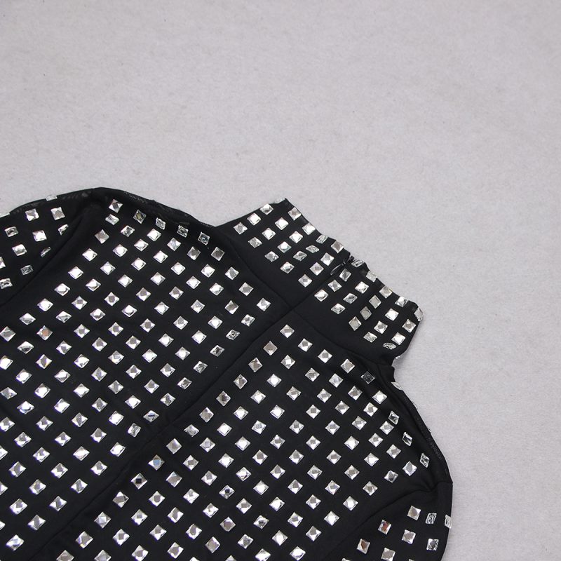 Spring Summer Sexy Show Belly Party Gathering Mesh Diamond Top Long Sleeve Broken Top Women - Image 8