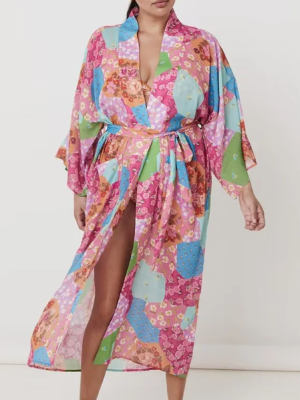 Spring Women Print Loose Lace up Kimono Robe