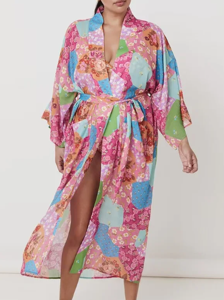 Spring Women Print Loose Lace up Kimono Robe