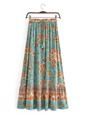 Bohemian Vacation Positioning Printing Tassel Tied Elastic Waist Big Hem Skirt Beach