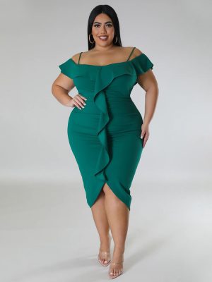 Plus Size Women Sweet Solid Color Dress off Neck Midi Dress