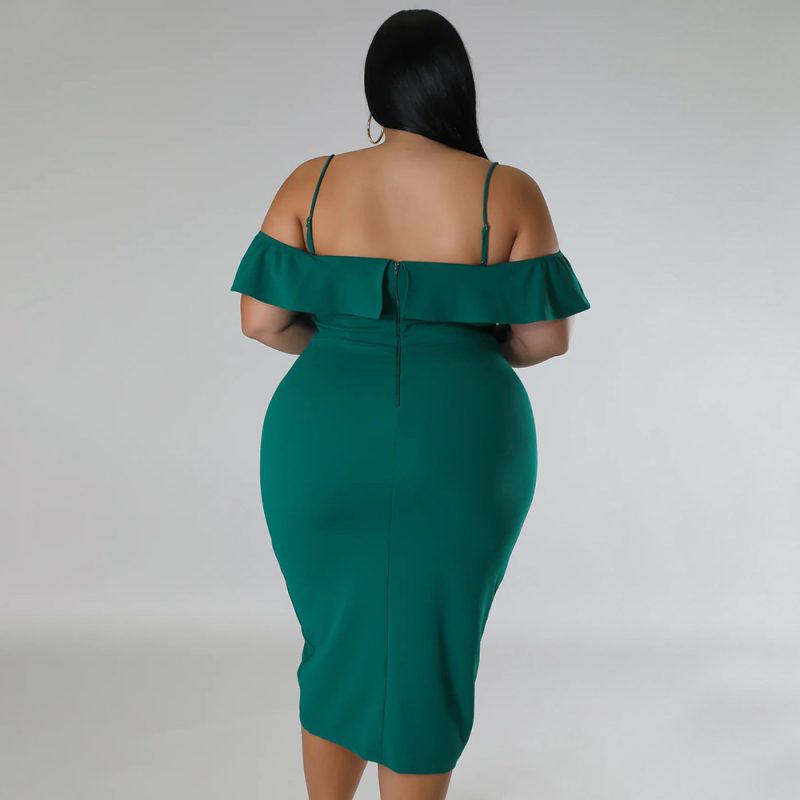 Plus Size Women Sweet Solid Color Dress off Neck Midi Dress - Image 2