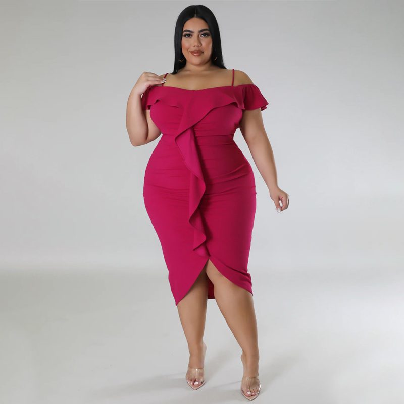 Plus Size Women Sweet Solid Color Dress off Neck Midi Dress - Image 3